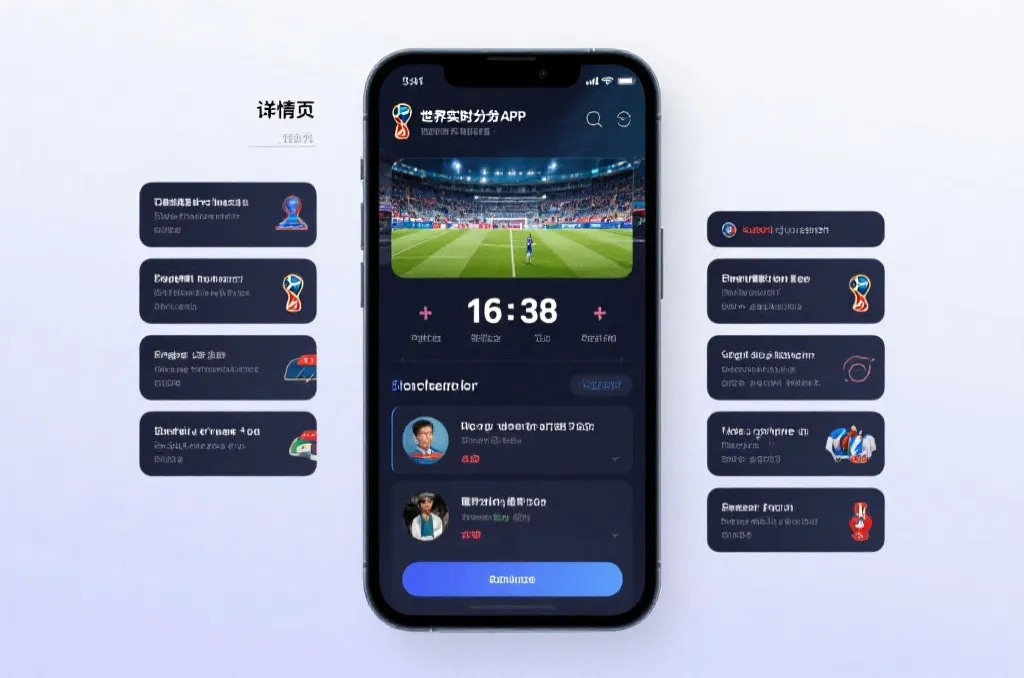 世界杯实时比分APP的比赛详情界面示意,强调比分、时间和事件卡片的层次感